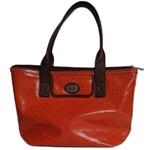 Fossil Key-Per Orange Polka Dot Coated Canvas Tote Bag Leather Trim Zip Top